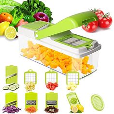 the vegetable slicer is full of fresh fruit and vegetables