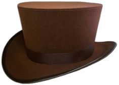 Classic Brown Formal Top Hat, Classic Brown Top Hat For Formal Occasions, Fitted Brown Top Hat With Short Brim, Fitted Brown Brimmed Top Hat, Fitted High Crown Costume Hats And Headpieces, Western Style Fitted Top Hat With High Crown, Formal Brown Brimmed Top Hat, Western Style Formal Top Hat With Flat Crown, Formal Fitted High Crown Felt Hat