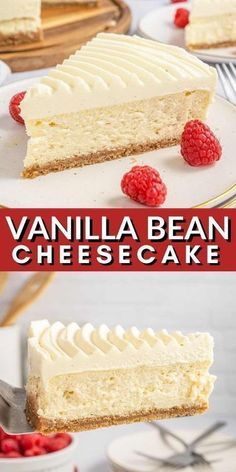 vanilla bean cheesecake on a white plate with raspberries in the background and text overlay that reads vanilla bean cheesecake