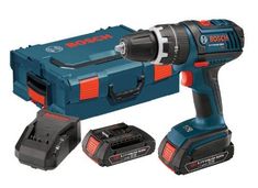 the bosch drill is set up with two batteries and one charger on it's side