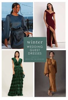 four different dresses with the words winter wedding guest dresses in green, brown and black