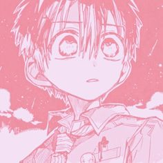 an anime character with short hair standing in front of a pink sky and snow covered ground