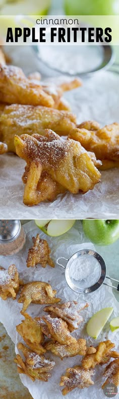 apple fritters with cinnamon sugar on top and an apple in the background are shown