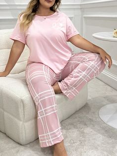 Plus Size Pajama Sleepwear Set With Letter Print Short Sleeve Top And Checked Pants Pink Cute  Short Sleeve Knitted Fabric Letter,Plaid Pant Sets Slight Stretch All Women Plus Sleep and Lounge, size features are:Bust: ,Length: ,Sleeve Length: Plus Size Pajamas Shein, Plaid Pant, Checked Pants, Plus Size Sleepwear, Plaid Pajama Pants, Plus Size Pajamas, Plaid Pajamas, Pant Sets, Sleepwear Sets