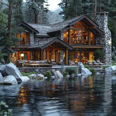 a large house sitting next to a body of water