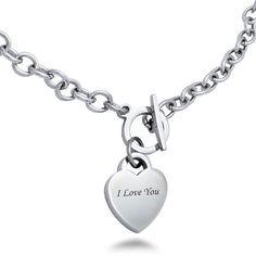 This inspirational jewelry is crafted of polish finish stainless steel and heart tag pendant. Tag measures approximately 1.5 inch long x 1.5 inch wide and hangs from a 24 inch bead chain necklace. The back front or back of the Tag can be engraved with your personal message such as Name, Date, Inspirational quotes, etc. PERSONALIZED IT! With your custom message up to 12 characters including spaces, specify it on the Note to Seller upon checkout. HOW TO ORDER CUSTOMIZATION: Front Design will be th Engraved Promise Rings, Cable Chain Necklace, Pendant Heart, Toggle Necklace, Heart Tag, Capital Letters, Engraved Items, Polished Stainless Steel, Steel Necklace