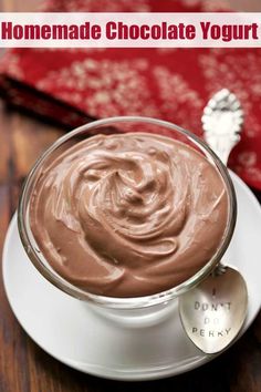 homemade chocolate yogurt in a glass bowl on a white plate with a spoon