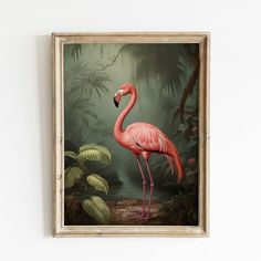 a pink flamingo standing in front of a painting