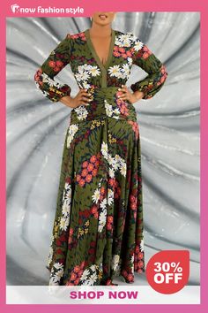 knowfashionstyle Multicolor Fashion Casual Print Patchwork V Neck Long Sleeve Dresses Cheap Maxi Dresses, White Fashion Casual, Red Dress Short, Long Sleeve Dresses, Floral Dresses Long, Maxi Dress Online, Floral Print Maxi Dress, Green Long Sleeve, Sleeve Dresses