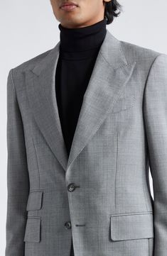 The label's impeccable tailoring shines on this two-piece suit crafted of visually textured sharkskin woven from a blend of wool, mohair and silk. Jacket has two-button closure; peaked lapels; five-button cuffs; chest welt pocket, front flap pockets, ticket pocket; back vent Pants have zip fly with button closure; adjustable waist; front slant pockets; back button-welt pockets Cupro/silk lining 73% wool, 21% mohair, 6% silk Dry clean Made in Italy Designer Clothing Designer Single Breasted Suit With Notch Lapel, Designer Silk Suit With Lapel Collar, Luxury Tailored Wool Three-piece Suit, Designer Notch Lapel Suits For Office, Designer Single Breasted Formal Suits, Designer Single Breasted Suit For Formal Occasions, Designer Single-breasted Formal Suit, Designer Silk Suits For Business, Tailored Luxury Blazer For Business Meetings