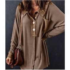 Cozy Brown Button Waffle Oversized Top Xs S M L Xl Xxl, Polyester Blend, Ships In 7-8 Days Oversized Cozy Collared Top, Cozy Oversized Collared Top, Winter Khaki Top With Button Closure, Khaki Winter Top With Button Closure, Collared Waffle Knit Tops For Fall, Fall Collared Waffle Knit Tops, Fall Waffle Knit Collared Top, Oversized Brown Tops With Buttons, Fall Waffle Knit Button-up Tops