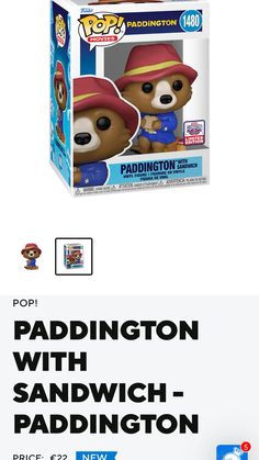 the packaging for paddington with sandwhich - paddington pop vinyl figure is shown