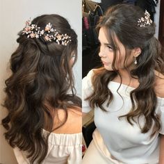 two pictures of a woman with long hair and flowers in her hair, one is wearing a tiara