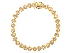 Bella Luce ® white diamond simulant 5.26ctw round, Eterno™ 18k yellow gold over sterling silver heart tennis bracelet. Measures approximately 7.50"L x 0.25"W and has a hidden box closure. The diamond equivalent weight is 3.30ctw. Valentine's Day Yellow Gold Heart Bracelet With Cubic Zirconia, Heart-shaped Cubic Zirconia Tennis Bracelet With Diamond Accents, Gold Heart-shaped Cubic Zirconia Tennis Bracelet, Cubic Zirconia Heart Cut Tennis Bracelet, Heart-shaped Gold Cubic Zirconia Tennis Bracelet, Gold Cubic Zirconia Heart Cut Bracelet, Gold Heart Bracelet With Cubic Zirconia, Gold Tennis Bracelet For Valentine's Anniversary, Gold Tennis Bracelet For Anniversary On Valentine's Day