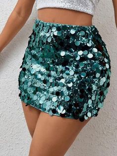 Green Sequin Skirt, Tour Outfits, Denim Outerwear, Sequin Mini Skirts, Green Sequins, Plus Size Skirts, Sequin Mini, Green Skirt