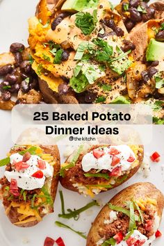 two baked potato dishes with different toppings on them and the words 25 baked potato dinner ideas