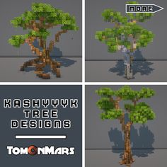 four different views of a tree with the words kashyk tree designs below it