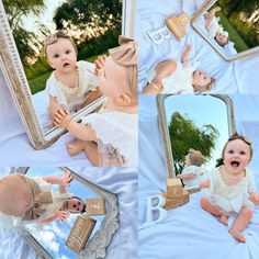 a collage of photos shows a baby in front of a mirror and an image of her reflection