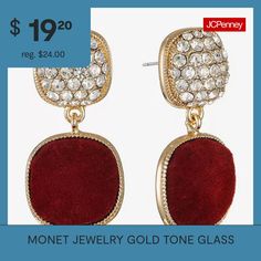 Included: 1 Pair of EarringsFeatures: Rhinestones, HypoallergenicEarring Back: PostShape: CushionMetal Color: Gold ToneEarring Length: 36mmEarring Width: 18mmCare: Wipe CleanStone Type: 38 GlassEarrings Type: Post EarringsEarrings Style: Drop EarringsMetal: ZincCountry of Origin: Imported Glass Drop Earrings, Monet Jewelry, Earrings Red, Earrings Drop, Jewelry Gold, Gold Jewelry, Gold Tones, Drop Earrings, Glass