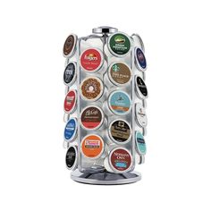 a coffee cup holder with many different types of coffee cups on the front and side