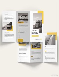 three fold brochure with yellow accents on the front and back pages, one is folded