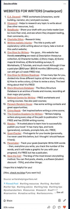 masterlist with websites for writers and authors Websites For Writers, Writing Websites, Writing Fantasy, Writing Prompts For Writers, Writing Dialogue Prompts