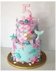 a birthday cake with pink and blue decorations