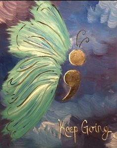 an acrylic painting of a feathered bird with the words keep going written on it