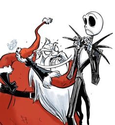 the skeleton is riding on top of santa claus