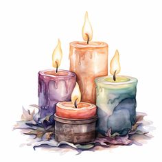 three candles sitting next to each other with watercolor paint and leaves on the ground