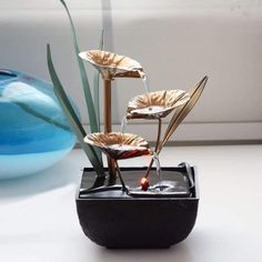 three water lilies in a black container on a table