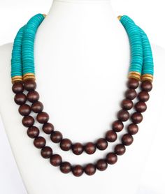 COLOR BLOCK Wood Necklace - Brown & Turquoise Beaded Necklace - Anthropologie Inspired Wooden Bead Jewelry, Turquoise Beaded Necklace, Anthropologie Inspired, Turquoise Bead Necklaces, Wooden Necklace, Wood Necklace, Bead Jewellery, Bijoux Diy, Hand Made Jewelry