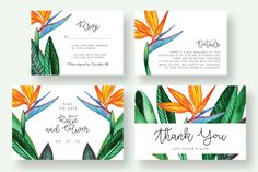 wedding cards with tropical flowers and leaves