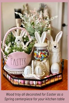 a basket filled with easter decorations on top of a table