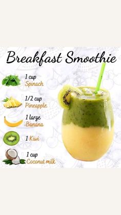 a smoothie with kiwi, pineapple, banana and coconut in it is shown