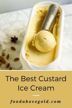 the best custard ice cream is in a white container with nuts on top