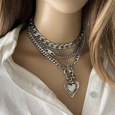 Chunky Multi Layer Silver Necklace for Women in Stainless - Etsy Event Fits, Silver Necklace For Women, Gothic Pendant, Horseshoe Decor, Layered Necklaces Silver, Heart Pendants, Silver Heart Pendant, Multi Strand Necklace, Strand Necklace