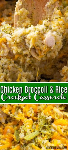 chicken broccoli rice casserole is being spooned into the casserole