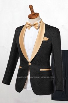 Shop Josiah Handsome Black One Button Wedding Mens Gold Lapel Suit from BradyMensuits. Free shipping available. View our full collection of Black Shawl collar wedding suits available in different colors with affordable price. Mens Black And Gold Tuxedo Jacket, Black And Gold Groomsmen Attire, Gold Tux, Gold Tuxedo Jacket, Black Tuxedo Wedding, Reception Suits, Black And Gold Outfit, Gold Tuxedo, Men Swag