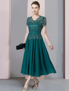 Two Piece A-Line Mother of the Bride Dress Formal Wedding Guest Elegant V Neck Tea Length Chiffon Lace Short Sleeve Wrap Included with Sequin Appliques Chiffon Wedding Dress With Short Sleeves, Chiffon Evening Dress With Short Sleeves For Wedding, Short Sleeve Chiffon Dress For Wedding, Chiffon Short Sleeve Dress For Mother Of The Bride, Green Chiffon Wedding Dress, Green Short Sleeve Evening Dress For Wedding, Green Chiffon Mother Of The Bride Dress For Wedding, Elegant Green Chiffon Dress For Wedding, Green Floor-length Chiffon Wedding Dress