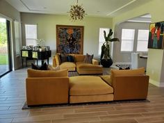 a living room filled with lots of furniture next to a sliding glass door that leads to an outside patio