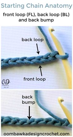 two pictures showing how to crochet the front loop and back loop, with instructions for