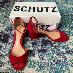 Schutz Roama Peep Toe Ankle Strap Block Heel Leather/Suede Sandal Nwt Size 7.5 Color: Red Comes In Original Box With Dust Bag. Made In Brazil Suede Closed Toe Heels With Red Sole, Suede Heels With Red Sole, Closed Toe, Summer Red Sole Suede Heels, Summer Suede Heels With Red Sole, Suede Heels With Red Sole And Round Toe, Ankle Strap Heels With Red Sole And Medium Width, Suede Heels With Red Sole For Summer, Heels With Red Sole And Ankle Strap, Medium Width Suede Block Heels With Open Heel