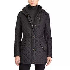 Ralph Lauren Hooded Quilted Anorak Coat Lauren Ralph Lauren's Quilted Jacket Provides Function And Form In Equal Measure With Its Zip-Off Hood And Sleek Faux-Leather Details. A Diamond-Quilted Jacket With A Stand Collar, Removable Hood And Spacious Front Pockets Is The Ideal Item To Have In Your Cold-Weather Wardrobe. Size: Xs Sizing Guidelines: If Between Sizes; Order One Size Down. - Approximately, Xs=0-2, S=4-6 - Model Height Is 5'10" And She Is Wearing A Size Small - Size Small Is Approx. 30" Long, And This Jacket Is A Size Xs Details & Care Machine Wash, Tumble Dry 30" Length Stand Collar; Removable Zip Off Hood Water-Resistant Mock Neckline "Lauren"-Debossed Faux-Leather Tab At Black Hooded Quilted Parka, Black Quilted Hooded Parka, Black Quilted Parka For Fall, Black Hooded Quilted Jacket With Pockets, Black Utility Jacket With Detachable Hood For Fall, Black Parka For Work, Black Quilted Jacket For Outdoor, Quilted Anorak, Quilted Coat