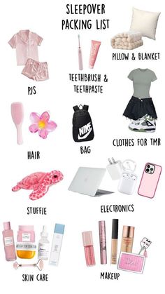 the contents of a sleepover packing list are shown in pink and white, including makeup,