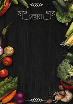 an assortment of fresh vegetables arranged in a square frame on a black background with the word menu written above it