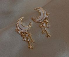 PRODUCT DETAILS *Gold plated *Sold as pair *Push back *Earlobe Ready to ship! Indie Jewelry, Moon And Star Earrings, Dope Jewelry, Gold Earrings Designs, Fantasy Jewelry, Girly Jewelry, Stylish Jewelry, Pretty Jewellery, Ear Jewelry