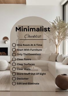 the minimalist checklist is displayed in front of a living room with white furniture