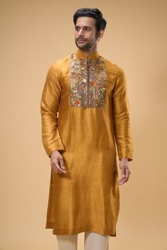 Yellow kurta with placed sequin embellished threadwork placket. Comes with pant. - Aza Fashions Yellow Kurta, Men Kurta, Kurta With Pants, Raw Silk, Mandarin Collar, Aza Fashion, Mens Pants, Sequin, Collar