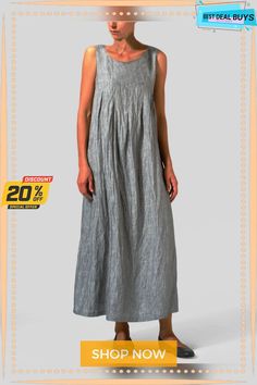 Round Neck Plain Casual Cotton-blend Casualdress Casual Cotton Pleated Maxi Dress, Casual Gray Maxi Dress For Summer, Casual Solid Color Pleated Maxi Dress, Casual Solid Pleated Maxi Dress, Spring Gray A-line Maxi Dress, Casual Pleated Maxi Dress For Daywear, Gray Cotton Maxi Dress For Summer, Gray Cotton Casual Maxi Dress, Spring Gray Shift Dress